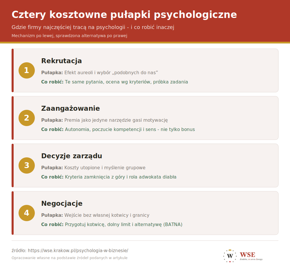 Cztery kosztowne pułapki psychologiczne w firmie - rekrutacja, zaangażowanie, decyzje zarządu i negocjacje wraz z rozwiązaniami